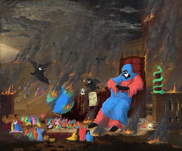 A dark, painterly scene depicts a cloaked skeletal figure sitting on a throne while surrounded by smaller robed figures, ravens, and candles in a hellish landscape.