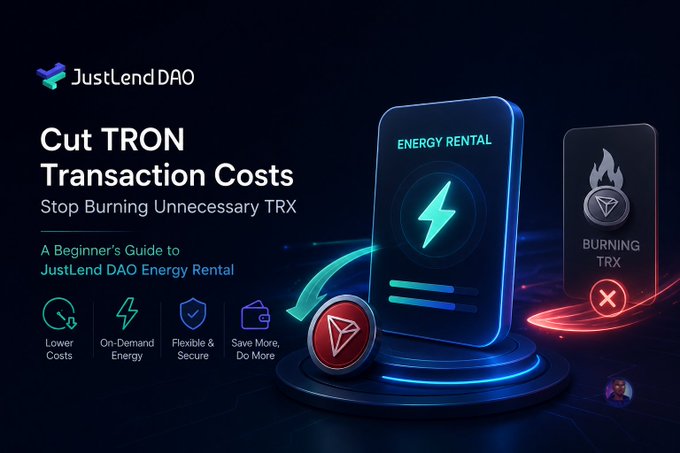 A promotional graphic for JustLend DAO titled 'Cut TRON Transaction Costs: Stop Burning Unnecessary TRX - A Beginner's Guide to JustLend DAO Energy Rental' featuring illustrations of energy rental and burning TRX.