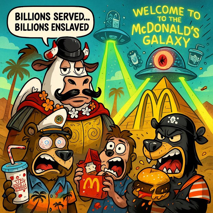 A cartoon illustration depicting anthropomorphic animals eating McDonald's food under UFO beams, with text 'BILLIONS SERVED... BILLIONS ENSLAVED' and 'WELCOME TO THE McDONALD'S GALAXY'.