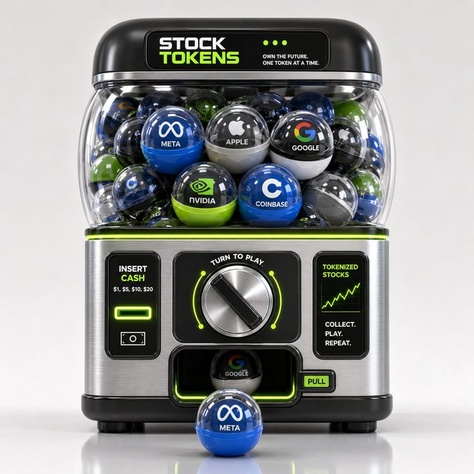 A digital rendering of a 'STOCK TOKENS' vending machine filled with capsule balls featuring company logos including Meta, Apple, Google, Nvidia, and Coinbase, with a Meta capsule dispensed at the bottom.