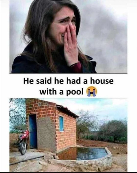 A crying woman with text "He said he had a house with a pool 😭" above a small brick structure with a tiny water tank, humorously depicting dashed expectations—a fitting analogy for a memecoin community where big promises often mask modest realities, reinforcing the caution in the post's boastful "going all in" mentality.