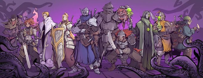 A lineup of dark fantasy heroes and warriors stands against a purple backdrop, surrounded by writhing tentacles and shadowy motifs—evoking the eerie, otherworldly tone of the Bitcoin-native Dungeon Saga universe inspired by Elden Ring, Dark Souls, Diablo, and Berserk.