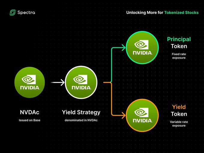 The image is an infographic from Spectra showing how NVDAc (a tokenized NVIDIA stock issued on Base) flows into a Yield Strategy that splits exposure into a Principal Token offering fixed-rate exposure and a Yield Token offering variable-rate exposure. This visually illustrates how Spectra enables tokenized stock holders to earn yield rather than passively holding their NVDAc, as referenced in the accompanying post.