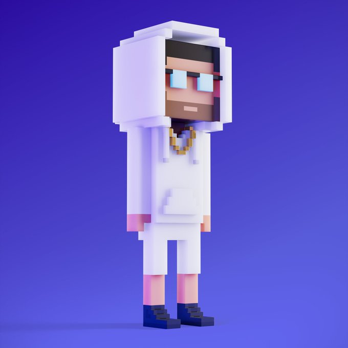 The image features a 3D rendering of a man wearing a white hoodie, shorts, and blue shoes against a purple background. The man appears to be standing upright with his hands at his sides, giving off an impression of confidence or contemplation. There is no text present in the image, but it seems to be related to the post "Picked up my first @MeebitsNFTs today! It'S a beaut".