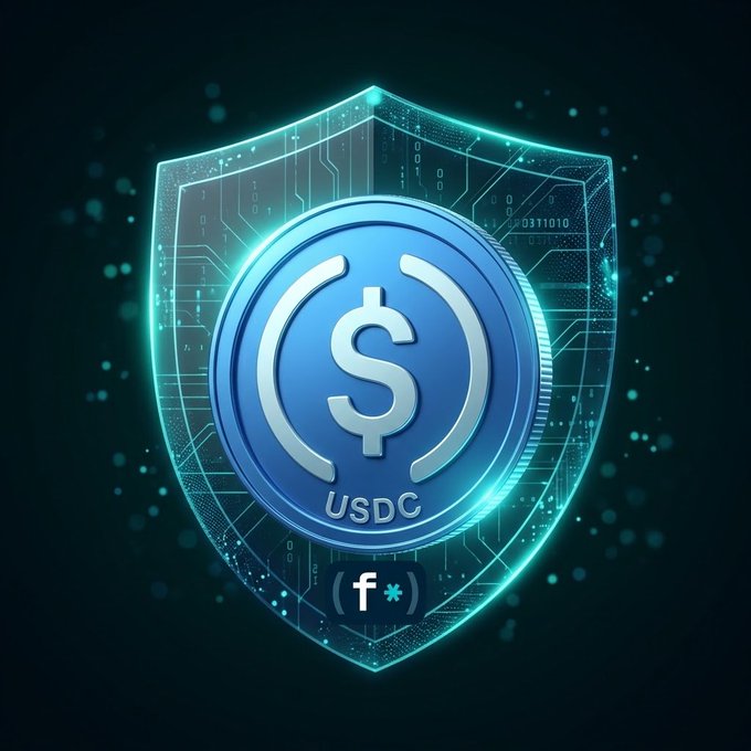 Digital illustration of a glowing blue USDC (USD Coin) emblem encased in a high-tech shield, with a small Fiat logo badge at the bottom.