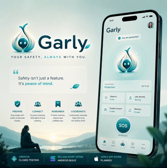 A promotional graphic for the 'Garly' safety app displaying the tagline 'YOUR SAFETY, ALWAYS WITH YOU.', alongside a smartphone mockup showing the app's interface with an 'SOS' button.