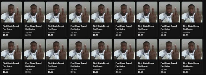 A grid showing 18 identical product listings on what appears to be a marketplace, all featuring the same thumbnail of a man in a white shirt, titled 'Fiest Stagz Reveal' (Fiest Stagz Final Reavles) and offered as a 'Top offer' at $0.55.