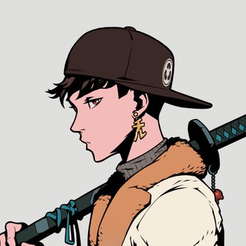 An anime-style illustration of a character wearing a brown backwards cap and fur-collared jacket, carrying a sword on his back with a cross earring visible.