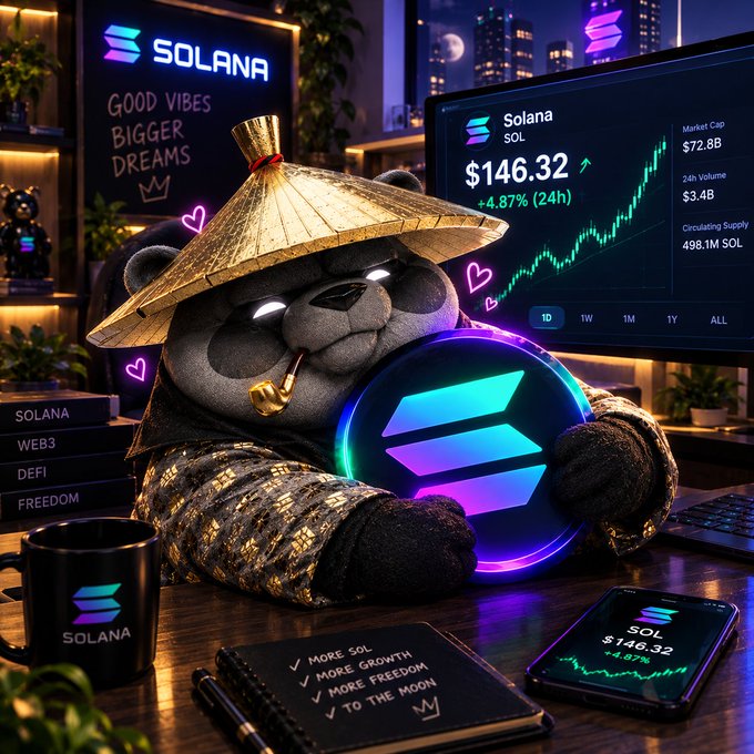 A meditating panda wearing a straw conical hat holds a neon Solana coin, surrounded by a workspace featuring a screen showing "SOLANA SOL $146.32 +4.87% (24h)" and a checklist of goals like "MORE SOL," "MORE GROWTH," and "TO THE MOON." The image perfectly embodies the post's message of mindful, steady progress—"moving at your own pace"—while celebrating Solana's bullish momentum, encouraging a peaceful, prosperous week ahead.