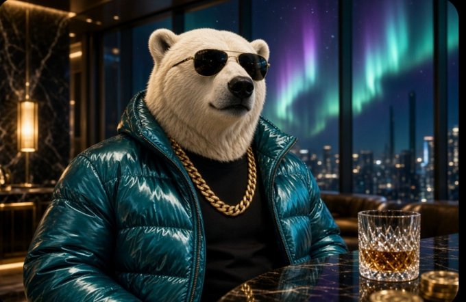 A polar bear wearing sunglasses, a teal puffer jacket, and a gold chain sits at a luxurious bar with a whiskey glass, set against a city skyline backdrop with aurora borealis in the sky.

The image visually reinforces the "MintABear" identity NFT concept mentioned in the post, using a stylish, confident bear character to personify the project's cool, premium branding around the $MNTD token.