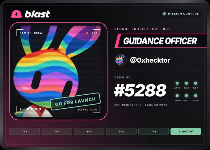 A digital 'blast' profile card for 'GUIDANCE OFFICER' (@0xhecktor), crew #5288, featuring a rainbow-colored bunny logo and a 'GO FOR LAUNCH' badge with a 100% signal.