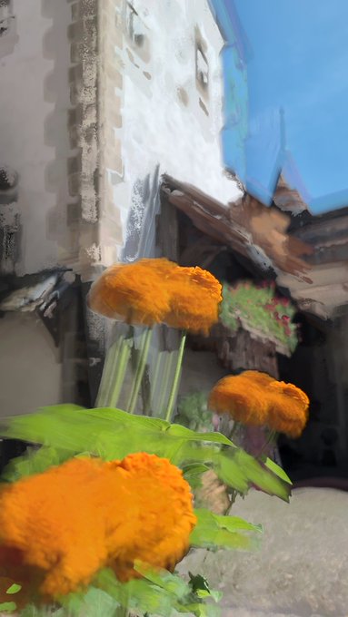A vertical, impressionistic image of bright orange marigold flowers in front of a rustic white building, rendered with painterly brushstroke effects.