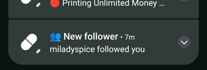 Twitter/X mobile notification screenshot showing 'miladyspice followed you' with a 7m timestamp, referencing the Milady NFT community.