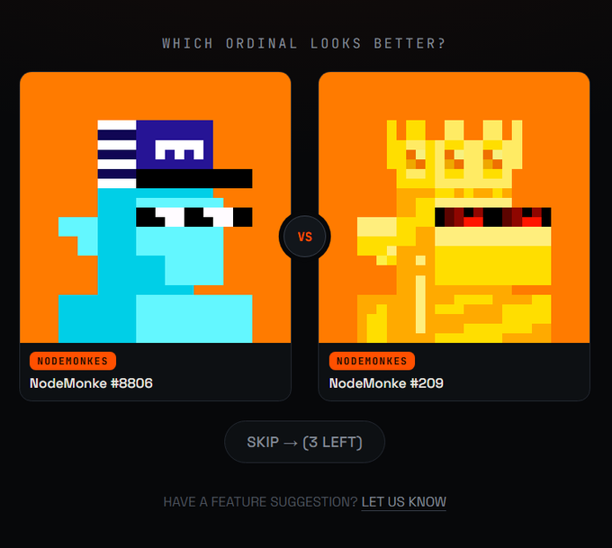 A NodeMonkes community voting page asking 'WHICH ORDINAL LOOKS BETTER?' between NodeMonke #8806 and NodeMonke #209.