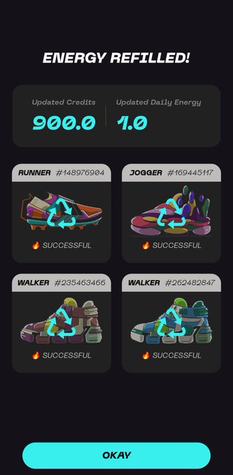 A dark app interface displays 'ENERGY REFILLED!' with 'Updated Credits 900.0' and 'Updated Daily Energy 1.0', showing successful refills for Runner, Jogger, and Walker shoe NFTs with an 'OKAY' button.