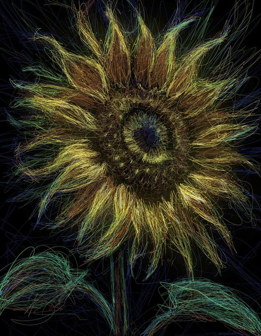 The image features a digital art piece of a flower with green leaves and yellow petals against a black background. The artwork has been done using lines and colors, giving it an abstract style. The caption below the image reads "I got to mint Mojica-san' s powerful sunflower Open editions on XRPL are great, aren' t they?". This suggests that the artist's work is inspired by the concept of a sunflower and its vibrant colors.