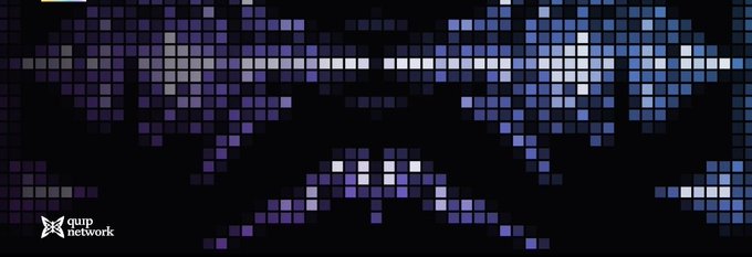 A dark, pixelated digital banner for 'qupp network' featuring a mosaic-style graphic in shades of purple, blue, and white that resembles abstract waves or a stylized bird shape.