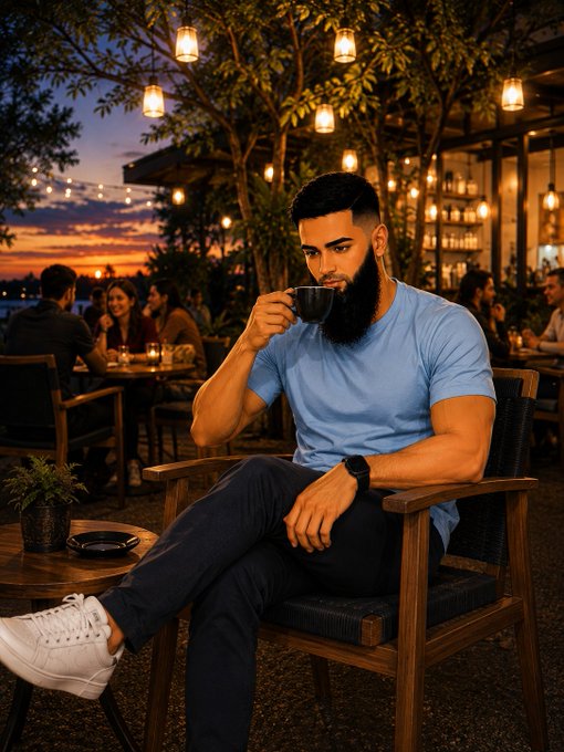 A man with a thick beard, wearing a light blue t-shirt, sips from a black cup while sitting at an outdoor cafe illuminated by string lights at dusk.