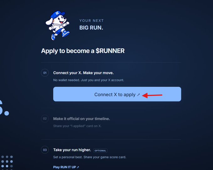 The image shows an application page for $RUNNER, a meme token on Injective, with instructions to "Connect X to apply" (highlighted by a red arrow) as the first step in joining the early access program promoted by @runupdotfun.