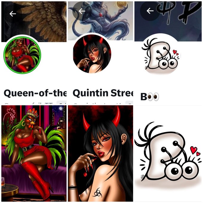 A grid of digital artwork featuring characters with devil horns and tattoos, including circular profile pictures and larger illustrations of a woman in a red dress and another with red horns holding a cherry.