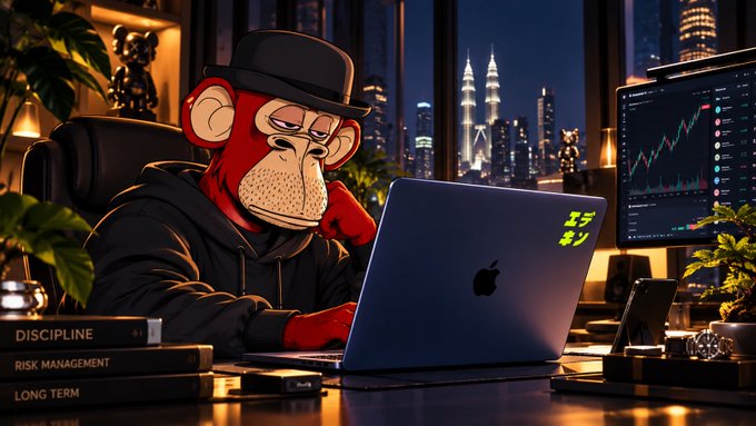 A stylized digital illustration of an anthropomorphic red monkey wearing a black hat and hoodie, working on an Apple MacBook with cryptocurrency trading charts visible on a monitor, with city skyscrapers in the background.