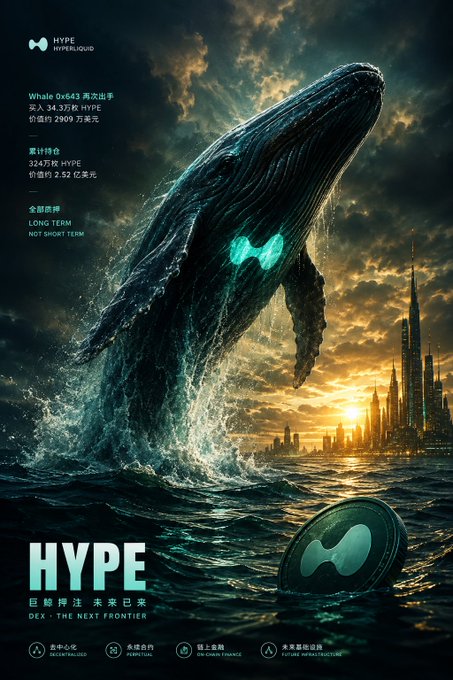 A dramatic digital advertisement featuring a massive whale breaching next to a city skyline at sunset, promoting the 'HYPE' cryptocurrency token with Chinese text and prices like '34.32 美元 HYPE' and '2.52 美元'.