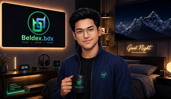 A young man with glasses holding a Beldex-branded mug in a dimly lit bedroom setting, with a neon "Beldex.bdx" sign and a "Good Night - See you tomorrow" sign visible in the background.