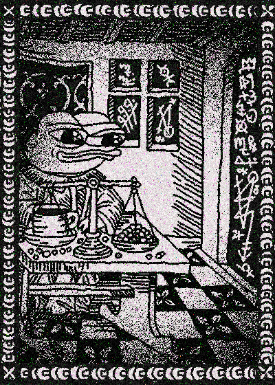 A black-and-white illustration in a folk-art style depicts a frog-like humanoid wearing sunglasses, holding a mug while seated at a table with a scale of justice and coins, framed by decorative borders with esoteric symbols.