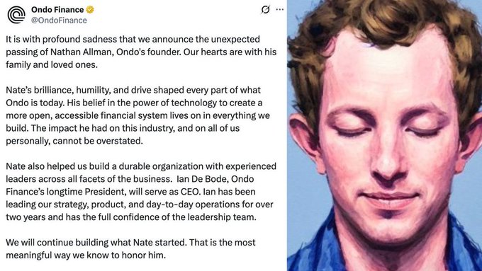 The image shows a post about Nathan Allman's passing. The post includes a photo of Nathan's head, along with a description of his life and achievements. It also mentions that he passed away unexpectedly. The post has been shared by @OndoFinance on May 25, 2006, which is the date when the founder and CEO of Ondo Finance posted about Nathan Allman's passing.