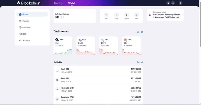 A screenshot of a Blockchain.com Wallet interface showing a $0.00 DeFi Wallet balance and recent BTC transaction activity.
