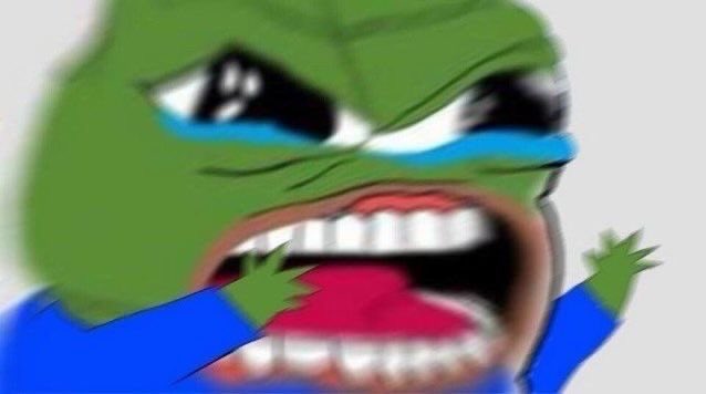 An exaggerated, crying Pepe the Frog meme with tears streaming down its face and hands clutching its cheeks in distress.