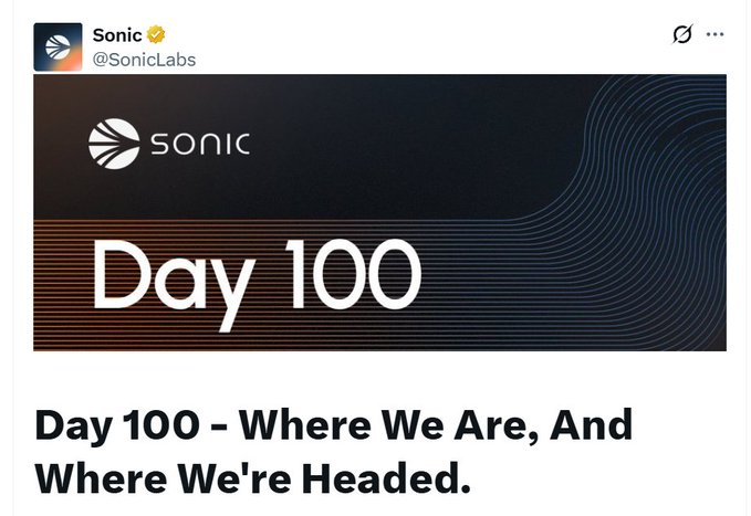 A tweet from Sonic (@SonicLabs) announcing 'Day 100 - Where We Are, And Where We're Headed.' with a dark banner showing the Sonic logo and 'Day 100' text.
