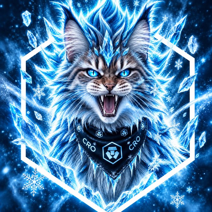 A fierce digital illustration of a cat surrounded by ice crystals and a CRO-branded bandana.