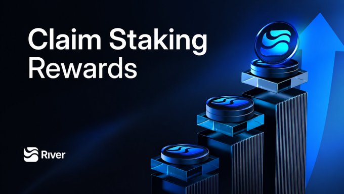 The image features a poster with three blue blocks stacked on top of each other, accompanied by a text that reads "claim staking rewards" and an arrow pointing upwards. The poster also includes a logo for the website "River".