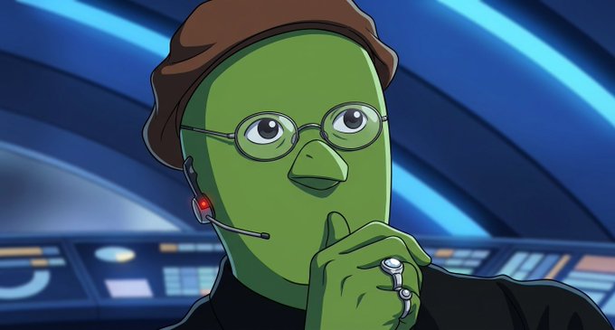 An animated green-skinned character with glasses, a brown beanie, and a headset looks thoughtfully at the viewer against a blue sci-fi bridge background, holding keys near their chin.
