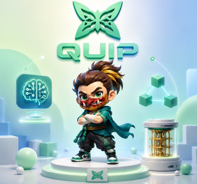A 3D-rendered character with a red mask and green outfit stands on a pedestal in front of the word 'QUIP', flanked by icons representing AI and blockchain technology.