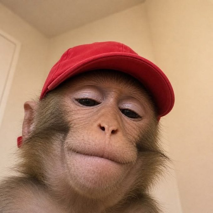 A close-up selfie of a monkey wearing a red baseball cap, with a beige wall and door in the background.