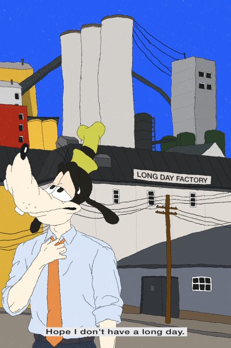The image features a cartoon depiction of a man wearing a tie, standing next to a building with the words "Long Day Factory" written on it. The man appears to be dressed in a suit and has his hand up to his face as if he is making a funny or silly face for the camera.!