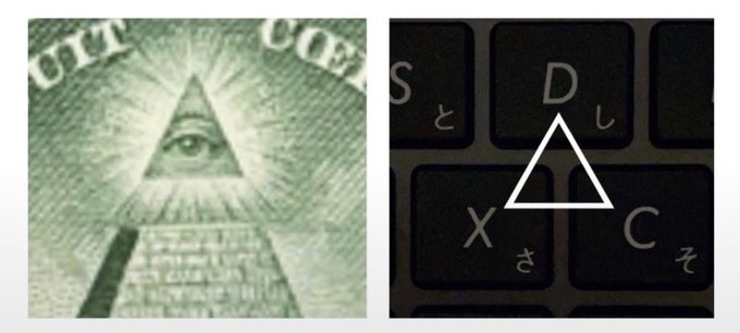 A split image compares the Eye of Providence on a US dollar bill to a triangle shape formed by the keys 'S', 'D', 'X', and 'C' on a keyboard, with small Japanese characters on each key.
