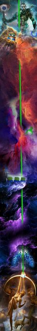 A vibrant fantasy artwork featuring various monsters and creatures arranged vertically, with green laser-like beams shooting through a colorful cosmic landscape.