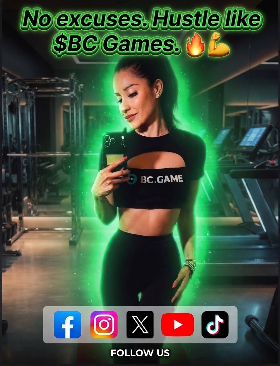 The image features a woman taking a selfie with her phone at a gym. The background of the photo shows various exercise equipment, including treadmills and dumbbells. The caption for the image reads "No excuses. Hustle like $BC Games." This message emphasizes the importance of hard work and dedication in achieving success, both in fitness goals and other aspects of life.