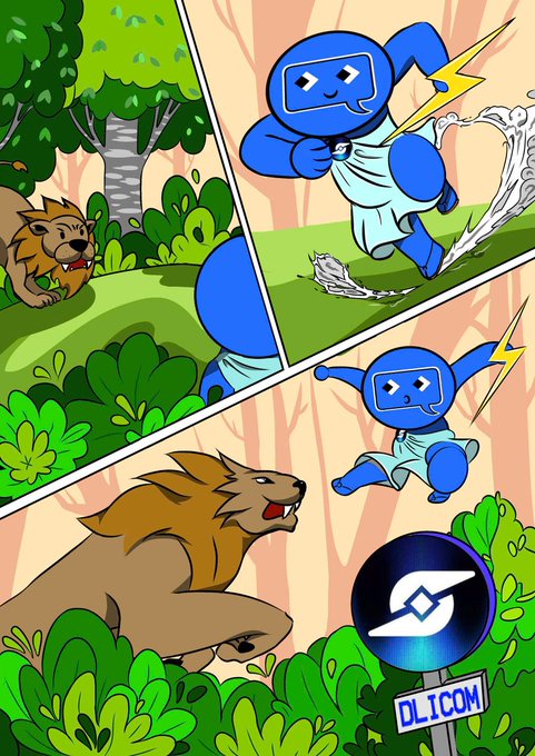 Comic-style illustration showing a blue cartoon character in a toga running from a lion, with a 'DLICOM' sign in the foreground.