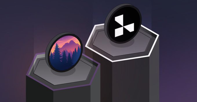 A 3D illustration showing two token-like icons on hexagonal pedestals, one featuring a mountain landscape design and another with the AXS (Axie Infinity) logo.