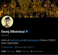 An OXMJ (Weirdos) Twitter profile with a Bored Ape NFT avatar, described as an artist at @weirdos.nft & @apebagosxyz, Class of 2020, BAYC 90076362.