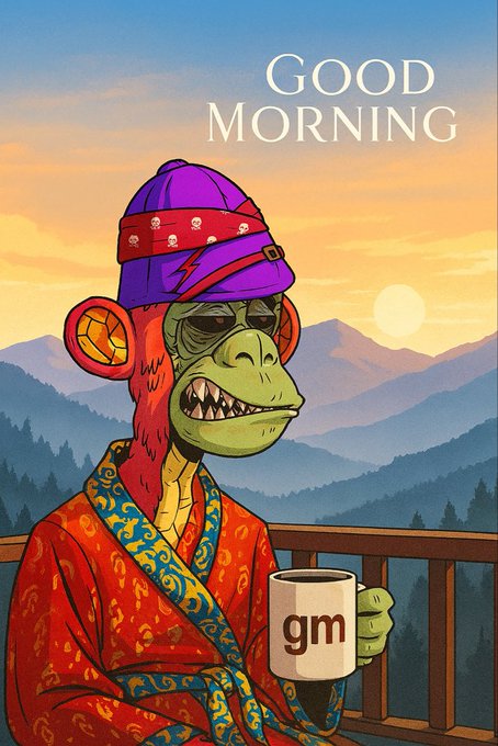 An illustration of a green-faced monkey character wearing a purple skull beanie and patterned robe, holding a "gm" coffee mug against a mountain sunrise backdrop with "GOOD MORNING" text.