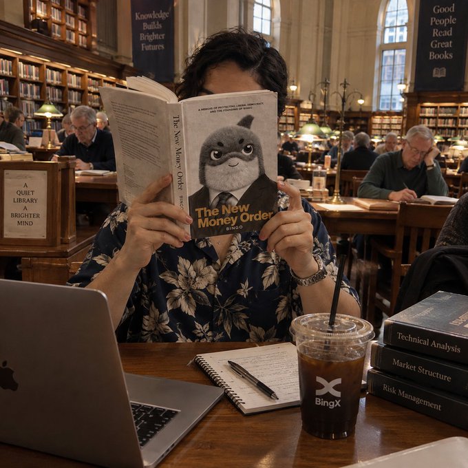 A person in a floral shirt reads a book titled "The New Money Order" by BingX inside a classic library, with a BingX-branded iced coffee, a laptop, and a stack of finance books (Technical Analysis, Market Structure, Risk Management) on the wooden table before them — perfectly visualizing the post's claim that the book "might save your portfolio."