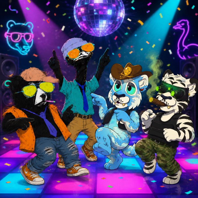 Four anthropomorphic furry characters (a bear, an ostrich, a cat in a sheriff hat, and a zebra) dance under a disco ball with neon neon signs, confetti, and colorful stage lighting.