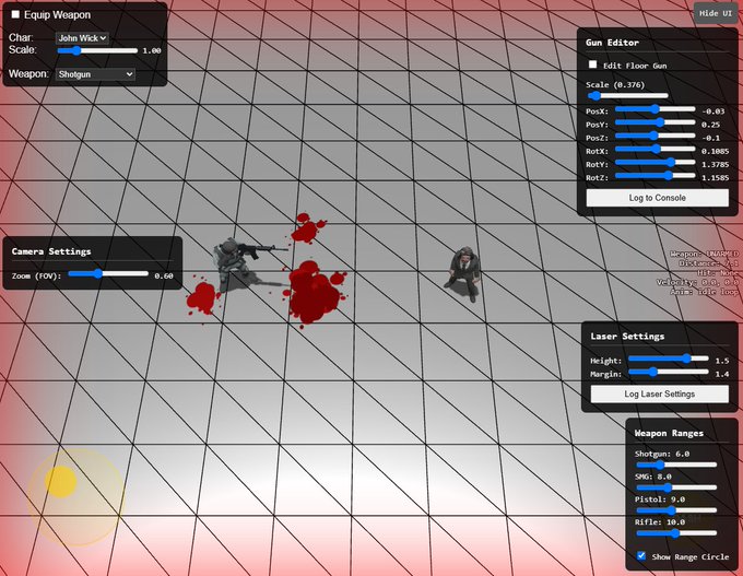 Unity game development editor showing a 3D character with a shotgun, blood effects, and configuration panels for equipment, camera, gun editor, laser settings, and weapon ranges.