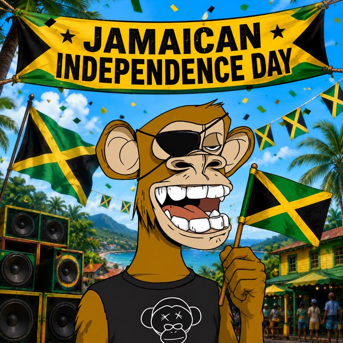 An illustrated cartoon monkey wearing sunglasses and a t-shirt waves a Jamaican flag beneath a banner reading "JAMAICAN INDEPENDENCE DAY," with more flags and tropical scenery in the background.