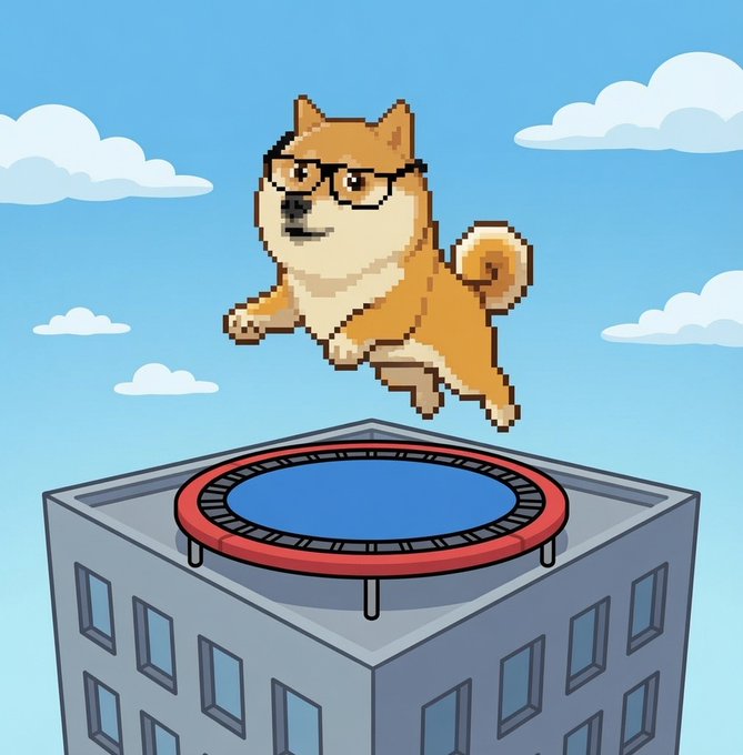 A pixel art Shiba Inu dog wearing glasses leaps through the sky above a trampoline placed on top of a skyscraper, humorously illustrating the hope for a market bounce as the dog "jumps" toward recovery.
